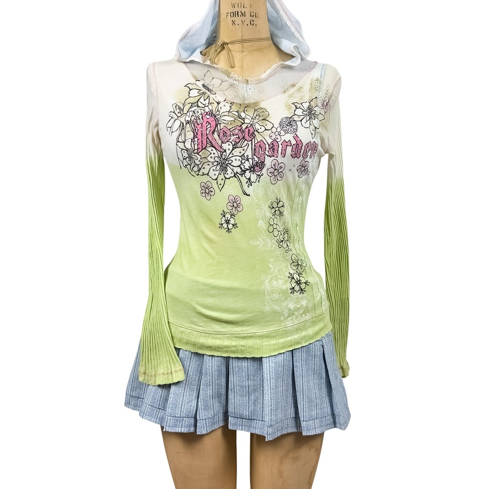 Y2K Skinny Minnie McBling Graphic Hoodie Soft Ribbed Sleeves Lace Hood Size S M